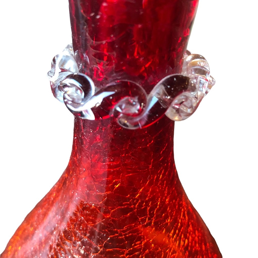 Vtg Ruby Red Amber Crackle Glass Hand Blown Bud Vase Ruffled Rim Applied Rigaree - Picture 4 of 16